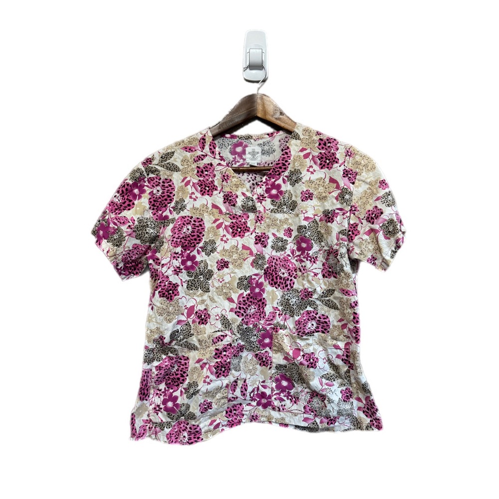 Med Couture Scrub Top Women Small Pink Floral Leopard Print Excellent V-Neck